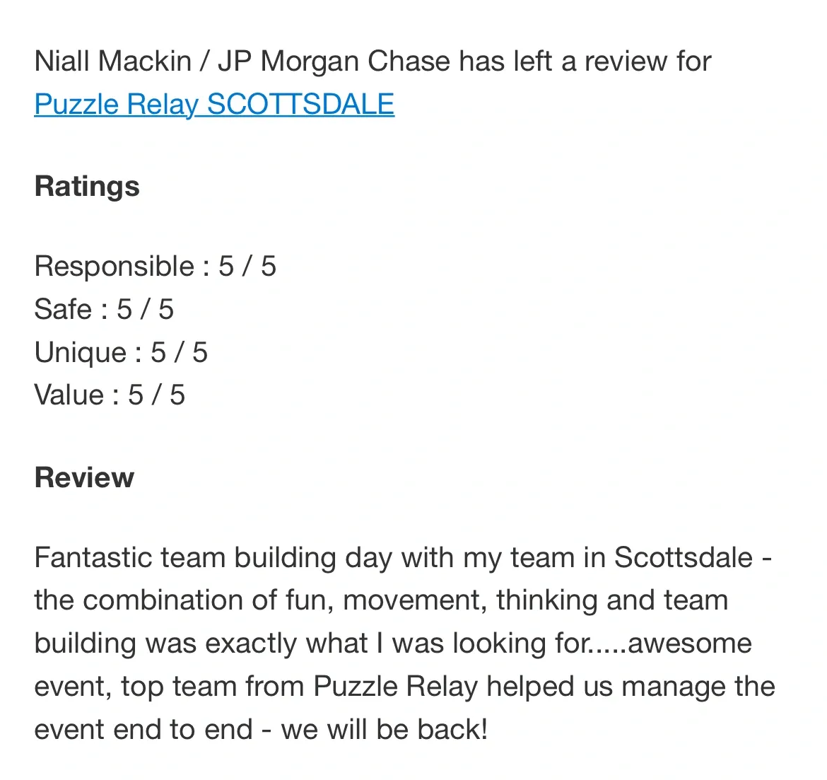5 star review for puzzle rides puzzle relay by JP Morgan Chase & Co