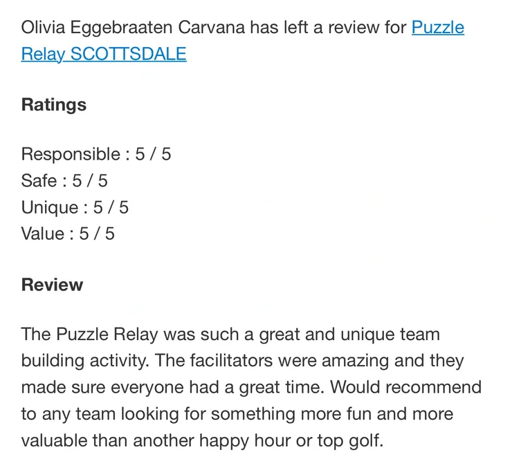 5 star review for puzzle rides puzzle relay by carvana